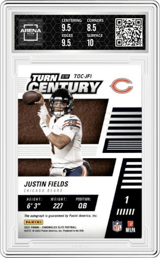 Justin Fields from the 2021 Panini Chronicles set graded by Arena Club and given an overall grade of 9.