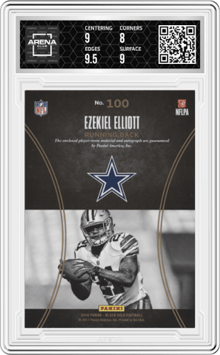 Ezekiel Elliott from the 2016 Panini Black Gold set graded by Arena Club and given an overall grade of 8.5.