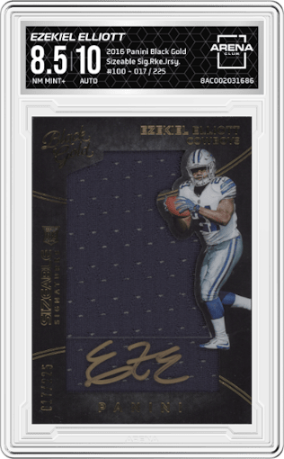 Ezekiel Elliott from the 2016 Panini Black Gold set graded by Arena Club and given an overall grade of 8.5.