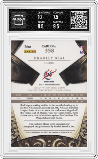 Bradley Beal from the 2012-13 Panini Preferred set featuring a Prime parallel graded by Arena Club and given an overall grade of 8.