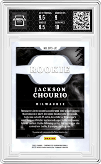 Jackson Chourio from the 2023 Panini Chronicles set featuring a Red parallel graded by Arena Club and given an overall grade of 9.5.