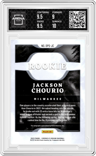 Jackson Chourio from the 2023 Panini Chronicles set featuring a Red parallel graded by Arena Club and given an overall grade of 9.5.