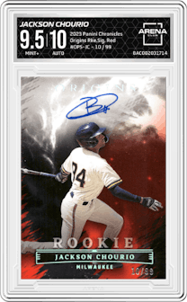 Jackson Chourio from the 2023 Panini Chronicles set featuring a Red parallel graded by Arena Club and given an overall grade of 9.5.