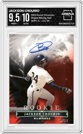Jackson Chourio from the 2023 Panini Chronicles set featuring a Red parallel graded by Arena Club and given an overall grade of 9.5.