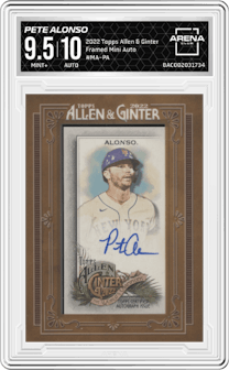 Pete Alonso from the 2022 Topps Allen & Ginter set graded by Arena Club and given an overall grade of 9.5.
