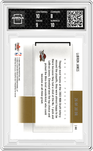 LeBron James from the 2004-05 NBA Hoops Hot Prospects set graded by Arena Club and given an overall grade of 8.5.