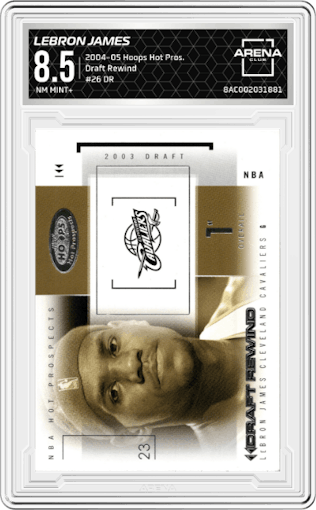 LeBron James from the 2004-05 NBA Hoops Hot Prospects set graded by Arena Club and given an overall grade of 8.5.