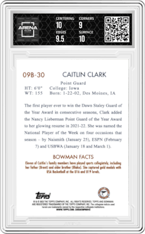 Caitlin Clark from the 2022-23 Bowman University Chrome set graded by Arena Club and given an overall grade of 9.5.