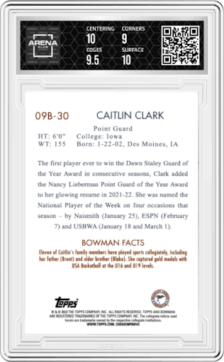 Caitlin Clark from the 2022-23 Bowman University Chrome set graded by Arena Club and given an overall grade of 9.5.