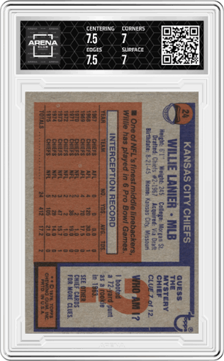 Willie Lanier from the 1976 Topps set graded by Arena Club and given an overall grade of 7.5.