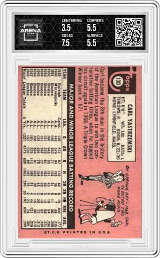 Carl Yastrzemski from the 1969 Topps set graded by Arena Club and given an overall grade of 4.