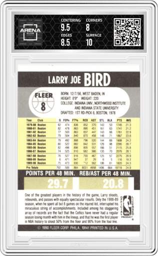 Larry Bird from the 1990-91 Fleer set graded by Arena Club and given an overall grade of 8.5.