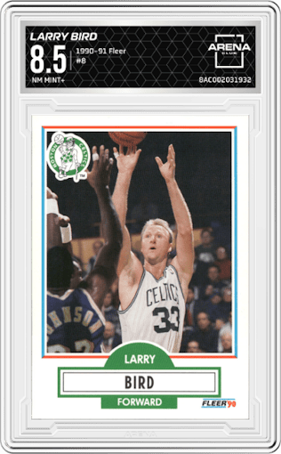 Larry Bird from the 1990-91 Fleer set graded by Arena Club and given an overall grade of 8.5.