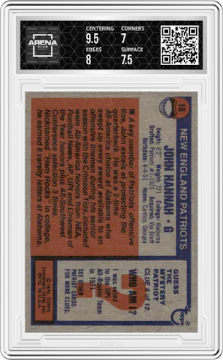 John Hannah from the 1976 Topps set featuring a Variation parallel graded by Arena Club and given an overall grade of 7.5.