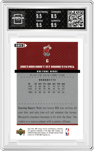 Dwyane Wade from the 2003-04 Upper Deck MVP set graded by Arena Club and given an overall grade of 9.