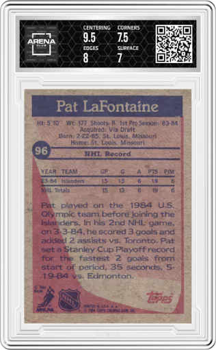 Pat LaFontaine from the 1984-85 Topps set graded by Arena Club and given an overall grade of 7.5.