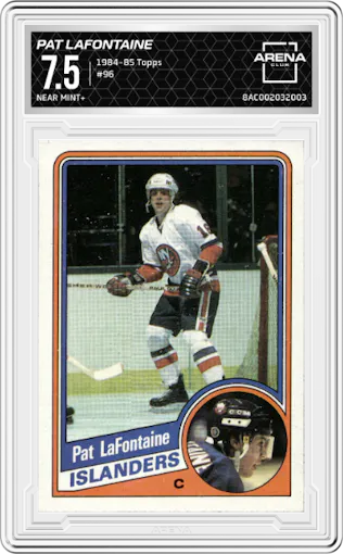 Pat LaFontaine from the 1984-85 Topps set graded by Arena Club and given an overall grade of 7.5.