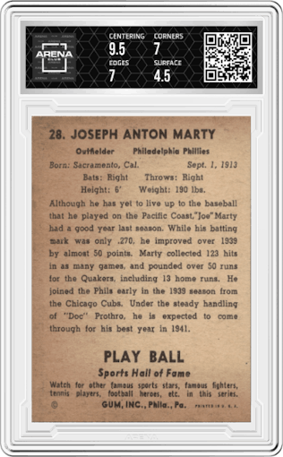 Joe Marty from the 1941 Play Ball set graded by Arena Club and given an overall grade of 5.