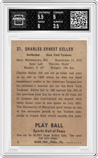Charlie Keller from the 1941 Play Ball set graded by Arena Club and given an overall grade of 4.