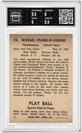 Pinky Higgins from the 1941 Play Ball set graded by Arena Club and given an overall grade of 6.