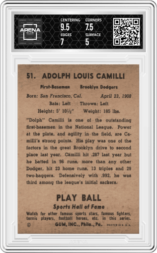 Dolph Camilli from the 1941 Play Ball set graded by Arena Club and given an overall grade of 5.5.
