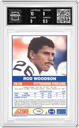 Rod Woodson from the 1989 Score set graded by Arena Club and given an overall grade of 8.5.