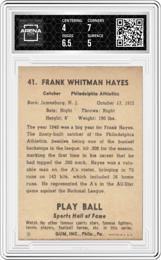 Frank "Blimp" Hayes from the 1941 Play Ball set graded by Arena Club and given an overall grade of 4.5.