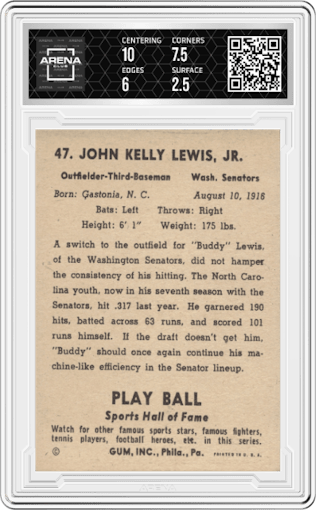 Buddy Lewis from the 1941 Play Ball set graded by Arena Club and given an overall grade of 3.