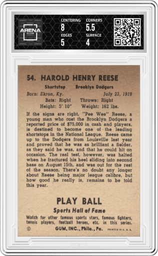 Pee Wee Reese from the 1941 Play Ball set graded by Arena Club and given an overall grade of 4.5.