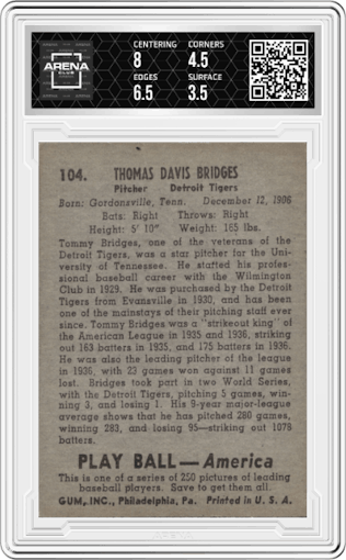 Tommy Bridges from the 1939 Play Ball set graded by Arena Club and given an overall grade of 4.