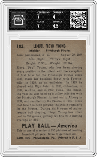 Pep Young from the 1939 Play Ball set featuring a Variation parallel graded by Arena Club and given an overall grade of 4.5.