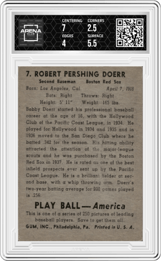Robert Pershing Doerr from the 1939 Play Ball set graded by Arena Club and given an overall grade of 3.