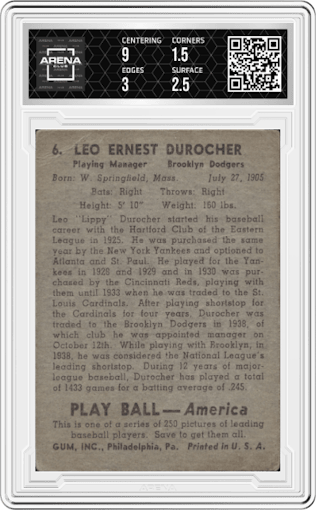Leo Durocher from the 1939 Play Ball set graded by Arena Club and given an overall grade of 2.