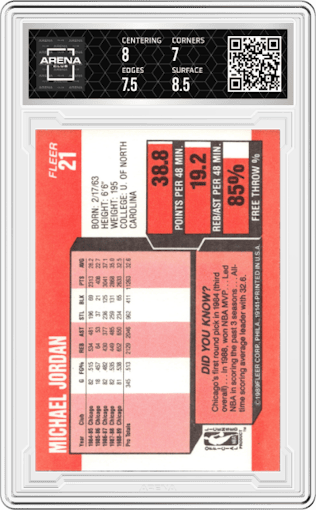 Michael Jordan from the 1989-90 Fleer set graded by Arena Club and given an overall grade of 7.5.