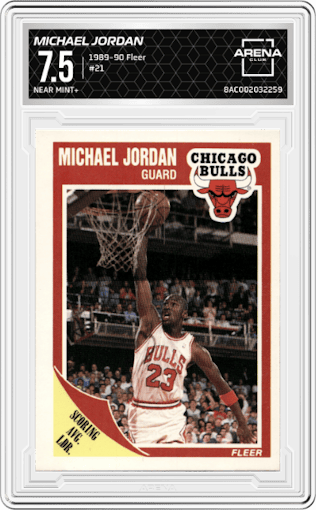 Michael Jordan from the 1989-90 Fleer set graded by Arena Club and given an overall grade of 7.5.