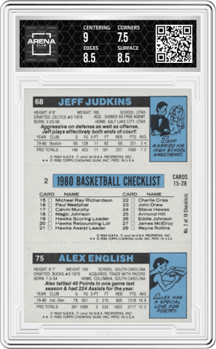 Jeff Judkins/Marques Johnson/Alex English from the 1980-81 Topps set graded by Arena Club and given an overall grade of 8.