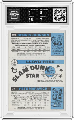 Pete Maravich/Lloyd Free/Dennis Johnson from the 1980-81 Topps set graded by Arena Club and given an overall grade of 7.5.