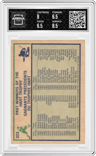 Wayne Gretzky from the 1983-84 O-Pee-Chee set graded by Arena Club and given an overall grade of 7.
