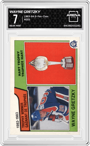 Wayne Gretzky from the 1983-84 O-Pee-Chee set graded by Arena Club and given an overall grade of 7.