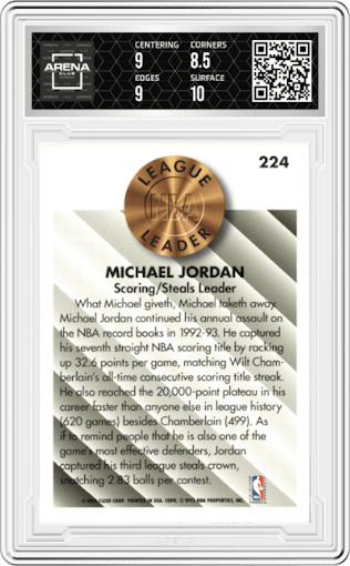 Michael Jordan  from the 1993-94 Fleer set graded by Arena Club and given an overall grade of 9.