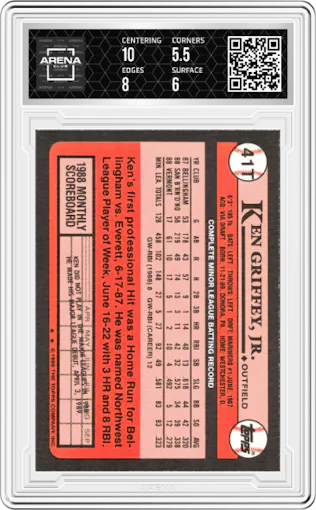Ken Griffey, Jr. from the 1989 Topps Traded set graded by Arena Club and given an overall grade of 6.