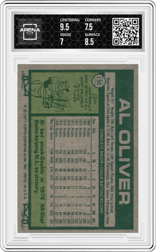 Al Oliver from the 1977 Topps set graded by Arena Club and given an overall grade of 7.5.