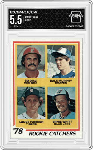 Bo Diaz/Dale Murphy/Lance Parish/Ernie Whitt from the 1978 Topps set graded by Arena Club and given an overall grade of 5.5.