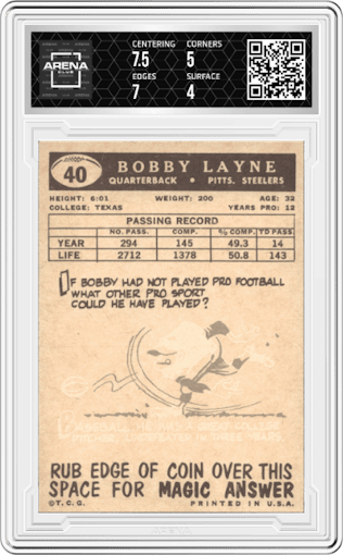 Bobby Layne from the 1959 Topps set graded by Arena Club and given an overall grade of 4.5.