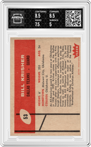 Bill Krisher from the 1960 Fleer set graded by Arena Club and given an overall grade of 5.5.