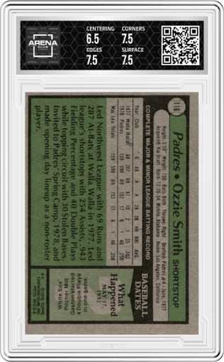 Ozzie Smith  from the 1979 Topps set graded by Arena Club and given an overall grade of 7.