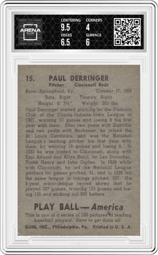 Paul Derringer from the 1939 Play Ball set graded by Arena Club and given an overall grade of 4.5.
