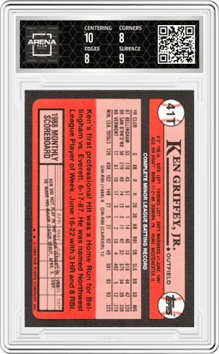 Ken Griffey, Jr. from the 1989 Topps Traded set graded by Arena Club and given an overall grade of 8.5.