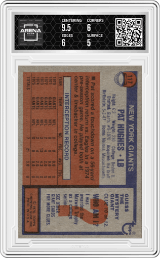 Pat Hughes from the 1976 Topps set graded by Arena Club and given an overall grade of 5.5.
