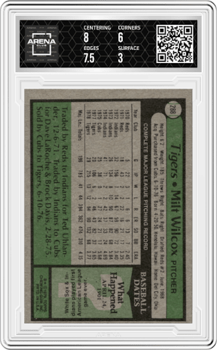Milt Wilcox from the 1979 Topps set graded by Arena Club and given an overall grade of 3.5.